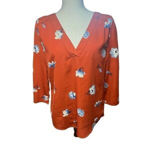 3/$27 Hinge V-Neck Blouse, 3-Quarter Sleeves, Floral in Orange, Small